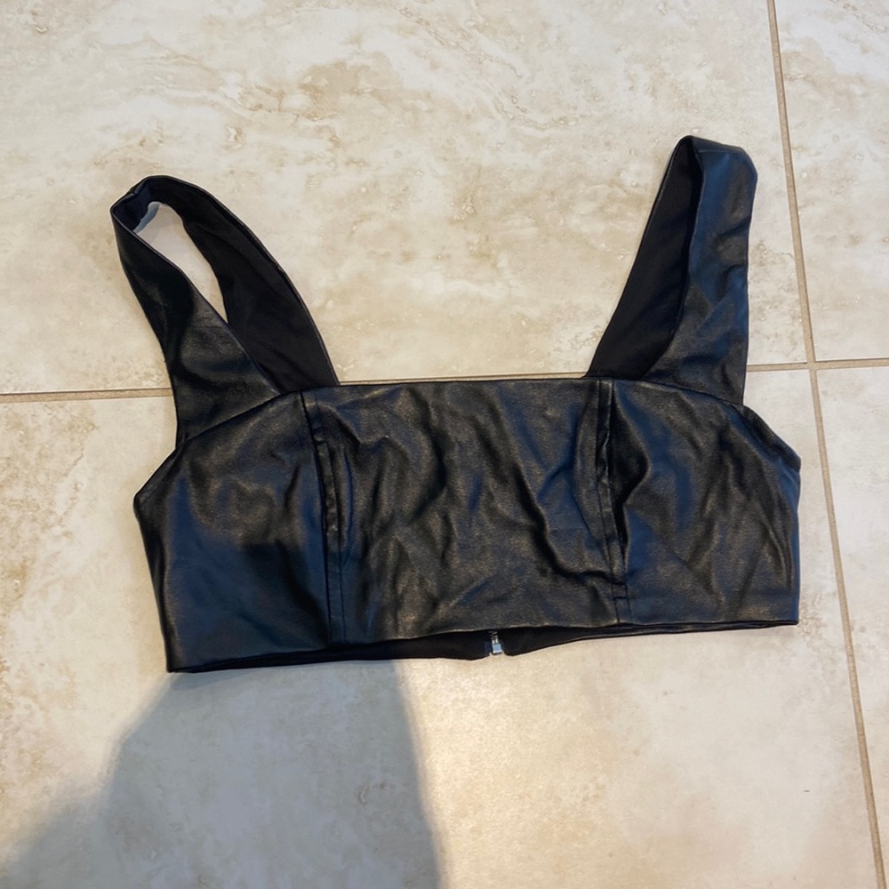 Edikted Black Leather Crop Top with Back Zipper